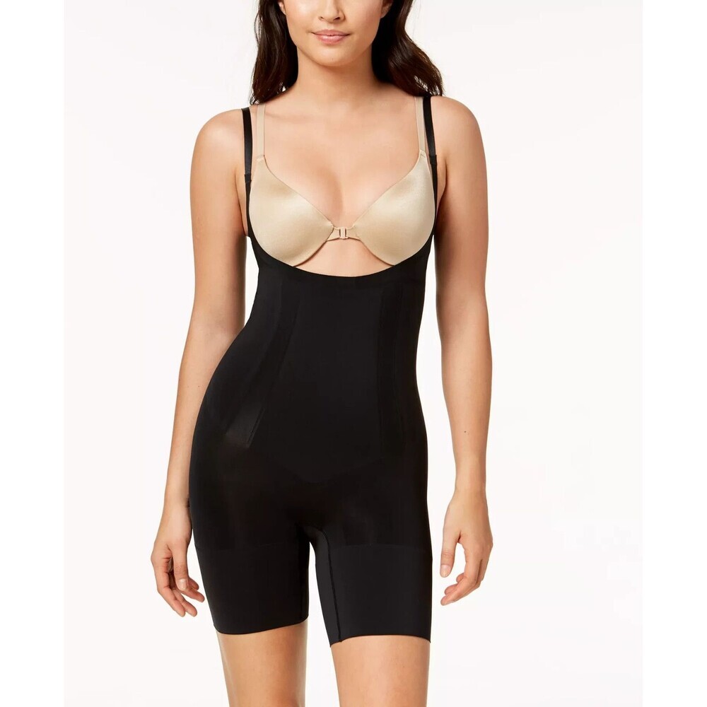 Spanx 10130R Women's OnCore Open-Bust Mid-Thigh Bodysuit Size Large Black 7" $98